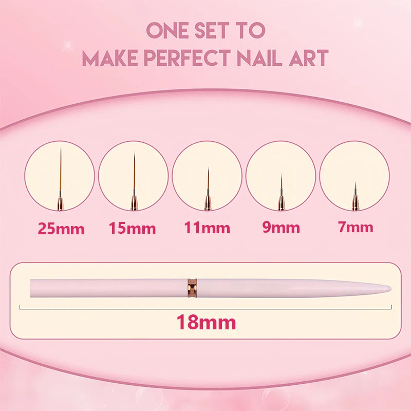 5 Pcs Nail Art Liner Brushes Set Elongated Lines Striping Drawing UV Gel Painting Nail Design Pen Professional Manicure Tool